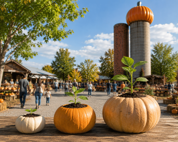 Pumpkins and plants displayed on a wooden table at a fall harvest festival.